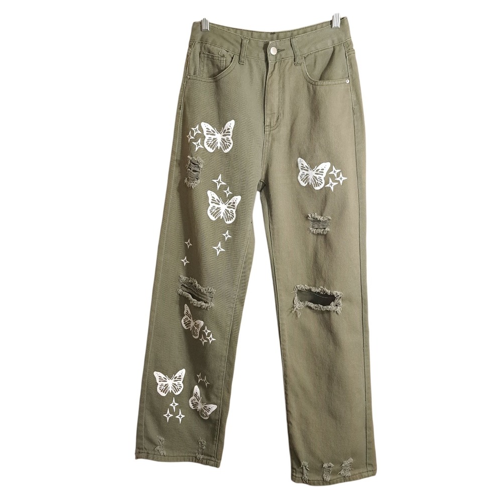 Shein Women's High Waist Denim Olive Green Pants Wide Leg Butterfly Distressed S